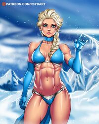 1girls abs bikini blonde_hair blue_bikini blue_eyes braided_hair cleavage disney elsa_(frozen) female female_only frozen_(film) long_gloves medium_breasts mountain muscular muscular_female platinum_blonde_hair r3ydart royalty snow solo solo_female