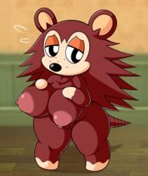 2020 absurd_res alternate_breast_size animal_crossing anthro big_breasts bodily_fluids breasts brown_body brown_fur eulipotyphlan female flying_sweatdrops fur genitals half-closed_eyes hedgehog hi_res mammal narrowed_eyes nintendo nipples nude pussy sable_able solo sweat sweatdrop team_pervy video_games