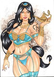 aladdin arabian arabian_clothes armband armwear belly belly_dancer black_hair blue_garter_belt blue_garter_straps blue_lingerie blue_stockings blue_thong blue_underwear cleavage collarbone curvy disney disney_princess earrings elberty_(artist) garter_belt garter_straps genie_lamp gold_jewelry harem_girl harem_outfit hazel_eyes highleg highleg_thong jewelry large_breasts lingerie navel princess princess_jasmine royalty stockings tanned_skin tattoo thong very_long_hair voluptuous