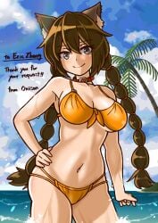 1girls beach big_breasts bikini brown_hair busty cat_ears clothing front-tie_bikini grey_eyes hand_on_hip kemonomimi large_breasts looking_at_viewer navel ocean oniisan02b orange_bikini pose smile solo solo_female solo_focus twin_braids water wet