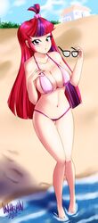 1girls beach bikini cleavage danmakuman female friendship_is_magic glasses humanized large_breasts moondancer_(mlp) multicolored_hair my_little_pony purple_eyes purple_hair red_hair seaside tight_clothing wet