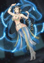 1girls arabian_clothes belly_chain belly_dancer belly_dancer_outfit black_hair chains dancer dancer_outfit dancing elf elf_ears female green_eyes harem_heroes harem_outfit haryudanto hentai_heroes jewelry legband long_hair medium_breasts necklace original original_character pointy_ears ribbons slave slave_collar wrist_cuffs