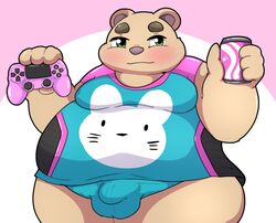 2020 anthro bear blush brown_body brown_fur bulge clothed clothing controller fur furry game_controller hi_res inigo_(kusosensei) kemono kusosensei male male_only mammal obese obese_anthro obese_male overweight overweight_anthro overweight_male simple_background solo solo_male ursid