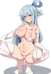 1girls aqua_(konosuba) big_breasts blue_eyes blue_hair female gloves kono_subarashii_sekai_ni_shukufuku_wo! large_breasts long_hair micro_bikini no_nude no_shoes seihekiog squatting stockings thick_thighs thighhighs white_background