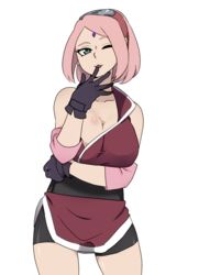 1girls arm_under_breasts breasts elbow_pads facial_mark female female_only finger_to_mouth forehead_mark forehead_protector gloves goldstar-chan green_eyes hairband looking_at_viewer naruto naruto:_the_last naruto_(series) off_shoulder one_eye_closed pink_hair sakura_haruno solo