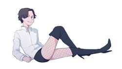 black_hair dress_shirt fishnets knee_boots kneehighs rtgame white_background youtube youtuber