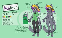 2019 anthro apron ashley_(mewgle) barefoot blonde_hair bottomwear breasts clothed clothing cute_eyes digitigrade domestic_cat english_text eyewear felid feline felis female fully_clothed fur genitals glasses green_background grey_body grey_fur hair hi_res highlights_(coloring) looking_at_viewer mammal mewgle model_sheet name_tag nipple_piercing nipples nude pants piercing pink_nose purple_highlights pussy shirt simple_background smile solo standing text tongue tongue_out topwear yellow_eyes