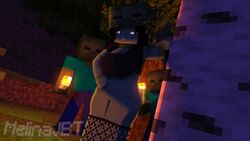 2boys 3d big_breasts bottomless brown_t-shirt character female forest green_body green_skin melinajbt mine-imator minecraft monster monster_girl night no_panties outdoors pussy red_eyes stockings zombie zombie_girl_(minecraft)