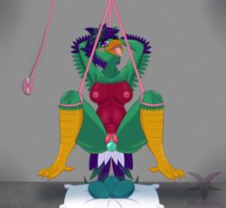 absurd_res anthro avian bird bondage bound cum drooling egg egg_laying female fur genital_fluids genitals hi_res inside nipples nude pussy quetzal saliva solo sorubaphomet trogonid ych_(character)