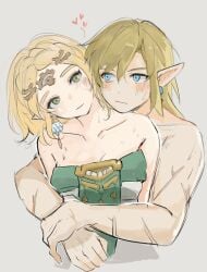 blonde_hair elf elf_ears elf_female hatenokatasumi heart hugging_from_behind link link_(tears_of_the_kingdom) miwa princess_zelda tears_of_the_kingdom the_legend_of_zelda wholesome zelda_(tears_of_the_kingdom) zonai_outfit