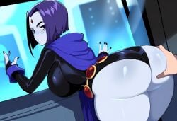 1girls 1other ai_generated ass ass_focus ass_grab dat_ass dc dc_comics female grey_body huge_ass leotard mullon novelai purple_eyes purple_hair rachel_roth raven_(dc) superheroine that_ass_was_fat