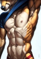 1boy 2024 abs ai_generated anthro athletic athletic_anthro athletic_male avaru biceps canid canine canis claws clothing fox fox_humanoid fur humanoid male male_focus male_only mammal multicolored_body multicolored_fur muscular muscular_male navel nipples pecs simple_background solo tuft vein