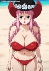 ai_generated aindroidparanoid beach big_breasts big_butt big_thighs bikini black_eyes cameltoe cleavage curvy curvy_figure cute female female_only hat large_butt massive_breasts narrow_waist navel one_piece outdoors perona pink_hair stable_diffusion strapless swimsuit tight_clothing voluptuous wavy_hair