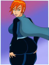 1girls ass ass_focus ass_grab ben_10 ben_10_(classic) blueartfiend breasts butt_focus cape cartoon_network future_gwen grabbing_own_ass green_eyes gwen_tennyson huge_ass huge_butt large_ass orange_hair warner_brothers