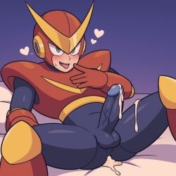 1boy ahe_gao ai_generated anal android bed bedroom big_dick black_bodysuit blue_eyes cum_dripping gay heart indoors laying_down male male_focus male_only mature_male mega_man mega_man(classic) mega_man_2 no_humans quick_man red_armor robot robot_penis spread_legs