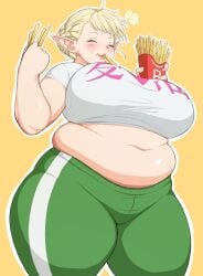 1girl asaragi big_breasts blonde_hair blush breasts chubby chubby_belly chubby_female closed_eyes eating elf elf-san_wa_yaserarenai elf_ears elfuda female female_only food fries green_pants hair_braid huge_breasts large_breasts midriff midriff_baring_shirt navel pale-skinned_female pale_skin plus-sized_elf pointy_ears short_hair sweat_pants