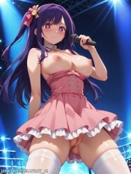 1girls ai_generated blush breasts censored dress embarrassed embarrassed_nude_female from_below holding_microphone holding_object hoshino_ai idol jellyray long_hair looking_at_viewer nervous nipples no_panties nude on_stage oshi_no_ko pink_dress purple_eyes purple_hair pussy shiny_skin solo solo_female solo_focus sweat sweatdrop thighhighs white_thighhighs