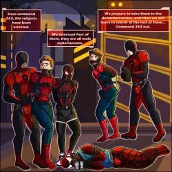 bondage bound_and_gagged bulge captured english_text erection erection_under_clothes erection_under_clothing erection_under_suit fully_clothed gay gid guy_in_distress kidnapped male marvel marvel_comics multiple_boys no_visible_genitalia rope siaph21 spider-man spider-man_(series) submissive_male text text_bubble