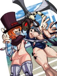 2020 2girls ass beach breasts butt cyborg dat_ass hair hi_res highres looking_back mask one-piece_swimsuit one_eye_closed painwheel peace_sign peacock_(skullgirls) skullgirls sling_bikini smile swimsuit top_hat unknown_artist vein video_games