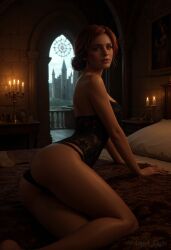 ai_generated angel_light_(artist) ass bed bedroom bra female light-skinned_female lingerie looking_at_viewer looking_back panties red_hair solo the_witcher_(series) the_witcher_3:_wild_hunt triss_merigold underwear