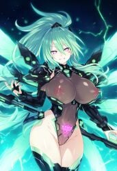 ai_generated big_breasts corruption green_hair green_heart leotard light_skin long_hair looking_at_viewer neptunia_(series) nepunep nipples pubic_tattoo purple_eyes pussy see-through skin_tight smile solo thighs vert wings