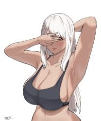 1girls absurd_res armpits big_breasts breasts cleavage clothed clothing covering_eyes female female_only hi_res long_hair n0n_001 original solo solo_female white_hair