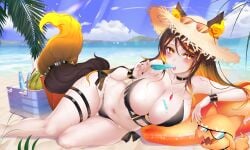 absurdres animal_ear_fluff animal_ears beach bikini black_bikini black_choker blonde_hair blue_sky breasts brown_hair choker cleavage cloud collarbone female food fruit hellhound highres holding holding_food holding_popsicle indie_virtual_youtuber large_breasts long_hair looking_at_viewer multicolored_hair navel necrotenshi popsicle second-party_source sinder_(vtuber) sky streaked_hair swimsuit tail thigh_strap twitch twitch.tv twitter virtual_youtuber water watermelon wolf wolf_ears wolf_girl wolf_tail yellow_eyes youtube youtuber