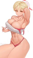 1girls abs armpits bare_shoulders blonde_hair blue_archive breasts cleavage collarbone halo looking_at_viewer marina_(blue_archive) muscular muscular_female navel panties powziy red_panties short_hair simple_background solo thick_thighs toned underwear white_background