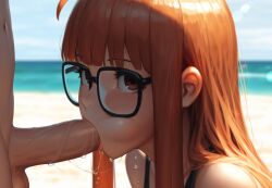 1boy ahoge ai-created ai_generated bangs bare_shoulders beach black-framed_eyewear blue_sky blunt_bangs blurry blush breasts brown_hair clothing day erection eyewear fellatio female glasses lips long_hair looking_at_viewer male nude ocean oral orange_hair outdoors penis persona persona_5 red_eyes sakura_futaba saliva saliva_trail sand sidelocks sky solo_focus straight straight_hair sweat swimsuit testicles tongue veins veiny_penis