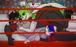 16:10 anal anal_sex animal_genitalia animal_penis anthro balls big_penis black_nose blue_eyes bodily_fluids canid canine canis cel_shading cum digital_media_(artwork) dragon duo erection fidget_the_fox fighting_ring fingers fox fur genital_fluids genitals green_body green_eyes green_fur hair hi_res hielodogwolf male male/male male_penetrated male_penetrating male_penetrating_male mammal multicolored_penis nude open_mouth penetration penis public rainbow_penis saber_braveheart sex smile tongue white_body white_fur widescreen wilde95 wolf wrestling ych_(character)