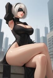 1girls ai_generated android android_girl arm_up female hypet medium_breasts nier:_automata shiny shiny_skin short_hair sitting thick thick_ass thick_legs thick_thighs thighs yorha_2b