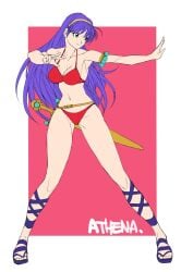 1girls athena_asamiya big_breasts big_breasts bikini bikini_bottom bikini_top brown_eyes clothed female gold_(metal) gold_jewelry hair_ornament jewel jewelry king_of_fighters legs light-skinned_female light_skin long_legs purple_hair red_bikini shoes snk snk_heroines:_tag_team_frenzy star thong thong_bikini