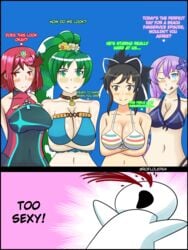 4girls asuka_(senran_kagura) bikini blue_eyes blush brown_eyes brown_hair cleavage crossover dialogue english_text fire_emblem fire_emblem:_the_blazing_blade fire_emblem_heroes green_eyes green_hair large_breasts licking_lips light_blue_eyes long_hair looking_at_viewer lyn_(fire_emblem) lyn_(summer)_(fire_emblem) midriff multiple_girls neptunia_(series) nintendo nosebleed one_eye_closed ponytail purple_hair purple_heart_(neptunia) pyra red_eyes red_hair roflolxp54 senran_kagura short_hair smile swimsuit text tongue tongue_out wink xenoblade_(series) xenoblade_chronicles_2