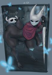 1girls 2_horns arthropod artist_name big_ass big_butt black_body black_skin bubble_ass bubble_butt bug bug_girl female hollow_knight hornet_(hollow_knight) large_ass large_butt protagonist_(hollow_knight) silksong tap34