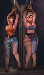 2girls alternate_version_available arms_above_head barefoot blonde_hair blue_eyes blue_pants bondage bound brown_eyes brown_hair chained chained_up clothing concerned crossover dbd dead_by_daylight dirty_feet exposed_nipples highres jane_romero jeans julie_crawford looking_at_viewer orange_clothing ripped_clothing ripped_pants rope rope_bondage surprised sweat sweaty texas_chainsaw_massacre thick topwear voluptuous_female zaplock13