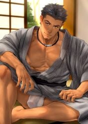 1boy abs arm_hair bara beard beard_stubble black_hair bulge bulge_through_clothing chest_hair daddy dilf earrings fundoshi gay hi_res japanese_clothes kimono leg_hair male male_only mondi_xxx muscles muscular muscular_legs muscular_thighs necklace original original_character pecs penis_peek pubic_hair range_(mondi_xxx) rokushaku_fundoshi short_hair sitting smirk solo spread_legs tatami white_fundoshi yukata