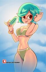 1girls arms_up bikini blue_nails brown_eyes choker female food green_bikini green_hair hand_on_head ice_cream nail_polish norithecat popsicle ramona_flowers scott_pilgrim sharp_fingernails short_hair solo solo_female tongue_out wristband