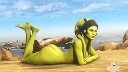 1girls 3d alien ass background barefoot big_ass black_clothing brown_eyes bubble_butt curvy day desert detailed_background deviantart eyebrows_visible_through_hair feet female female_only green_skin hands_together head_wraps headgear headgear_only headwear large_ass legs_up lying lying_on_stomach mostly_nude mountain naked_headwear nude nude_female nudity on_ground on_stomach original_character outdoor_nudity outdoors outside partially_clothed pose rebel rock rookie425 sand science_fiction signature soldier solo spacecraft spaceship star_wars star_wars:_battlefront tatooine twi'lek url vehicle voluptuous wraps x-wing