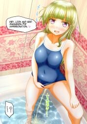 1girls bath bathtub blonde_hair blonde_hair_female dialogue omorashi one-piece_swimsuit original original_character peeing peeing_in_bath pullpull15 swimsuit swimsuit_aside swimwear talking_to_offscreen talking_to_viewer urinating urinating_female urination urine urine_stream