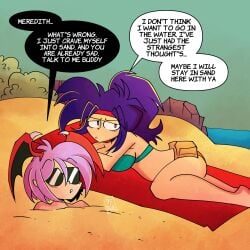 2girls ass beach bikini breasts darkstalkers female lilith_aensland meredith_(popfulblue) popfulblue sand senftember senftember_(2024) succubus