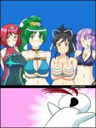 4girls asuka_(senran_kagura) bikini blue_eyes blush brown_eyes brown_hair cleavage crossover fire_emblem fire_emblem:_the_blazing_blade fire_emblem_heroes green_eyes green_hair large_breasts licking_lips light_blue_eyes long_hair looking_at_viewer lyn_(fire_emblem) lyn_(summer)_(fire_emblem) midriff multiple_girls neptunia_(series) nintendo nosebleed one_eye_closed ponytail purple_hair purple_heart_(neptunia) pyra red_eyes red_hair roflolxp54 senran_kagura short_hair smile swimsuit tongue tongue_out wink xenoblade_(series) xenoblade_chronicles_2