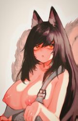 ahri animal_ear_fluff animal_ears black_hair breasts breasts_out closed_mouth collarbone eyebrows_visible_through_hair facial_mark female fox_ears fox_tail hair_between_eyes highres kitsune league_of_legends long_hair multi_tail nipples orange_eyes solo sunchip tail upper_body whisker_markings