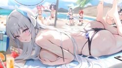 6+girls ass barefoot beach bikini black_bikini black_hair blue_archive blue_hair blush breasts butt_crack chihiro_(blue_archive) commentary_request crab day eyewear_on_head feet feet_up from_side grey_hair halo hare_(blue_archive) houraku kneeling koyuki_(blue_archive) large_breasts looking_at_viewer looking_to_the_side lying maki_(blue_archive) multiple_girls noa_(blue_archive) on_stomach open_mouth outdoors parted_lips pink_hair purple_eyes red_hair sitting smile soles solo_focus sunglasses swimsuit thighs toes water yuuka_(blue_archive)