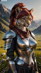 ai_generated animal_ears anthro armor artist_name breastplate day female female_anthro furry furry_female hi_res high_resolution highres outdoors photorealistic ponytail realistic red_hair scarf shoulder_armor solo stable_diffusion tail tiger_ears twitter twitter_username watermark yiffyjiffy2 yiffyjiffy69