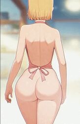 1girls animated ass back blonde_hair naked_apron solo walking