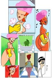 dexter's_laboratory dexter's_mom glasses gloves latex_gloves mandark red_hair rubber_gloves shower shower_cap showering sketchepe towel towel_only yellow_gloves