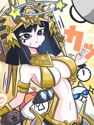 1girls barely_clothed big_breasts black_hair breasts clock female_focus gold_armor konpee light-skinned_female lightmother_aset skinny sweat the_battle_cats