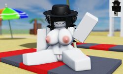 1girls :3 artist_request beach beach_towel big_breasts female female_focus female_only ninjashyper2 roblox roblox_avatar roblox_game robloxian waving waving_hand white_body white_skin