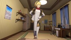 aigis_(persona) blonde_hair footjob lazyprocrastinator makoto_yuki persona persona_3 persona_3_reload robot robot_girl short_hair standing standing_footjob tagme video