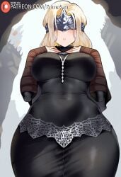 ai_generated covered_eyes dark_souls dark_souls_3 dress fire_keeper from_below fromsoftware hands_on_own_chest large_ass large_breasts mature_female primosan pussy_juice skin_tight standing